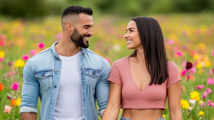 Obraz premium Smiling Couple in Flower Field Enjoying Romantic Moments Together