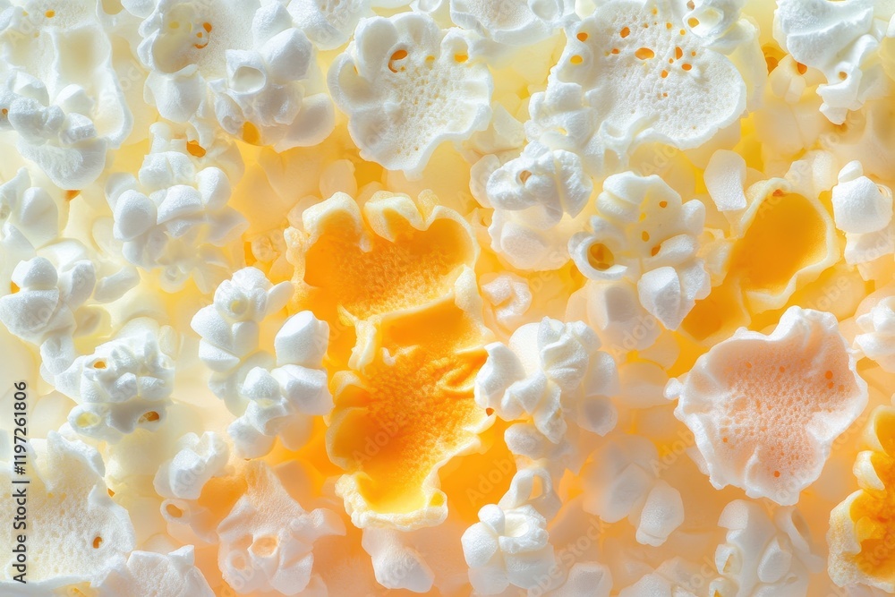 Poster a close-up image of fluffy popcorn with a buttery yellow hue, showcasing its textured surface and ir