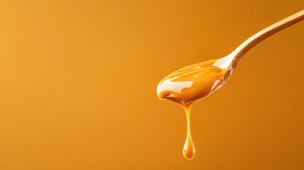 Spoonful of golden honey dripping smoothly against amber background