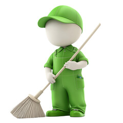 3D Character of Small Person in Green Uniform Holding Broom
