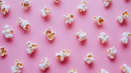 A colorful arrangement of popcorn scattered on a pink background, creating a vibrant and playful aesthetic.