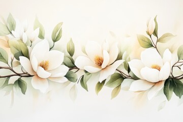 A dreamy watercolor depiction of white magnolia flowers blooming on delicate branches, with soft washes of green and beige