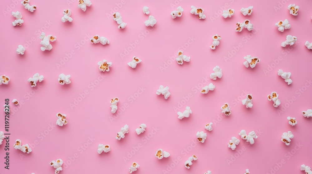 Poster a flat lay of popcorn scattered on a pink background, creating a playful and colorful visual.