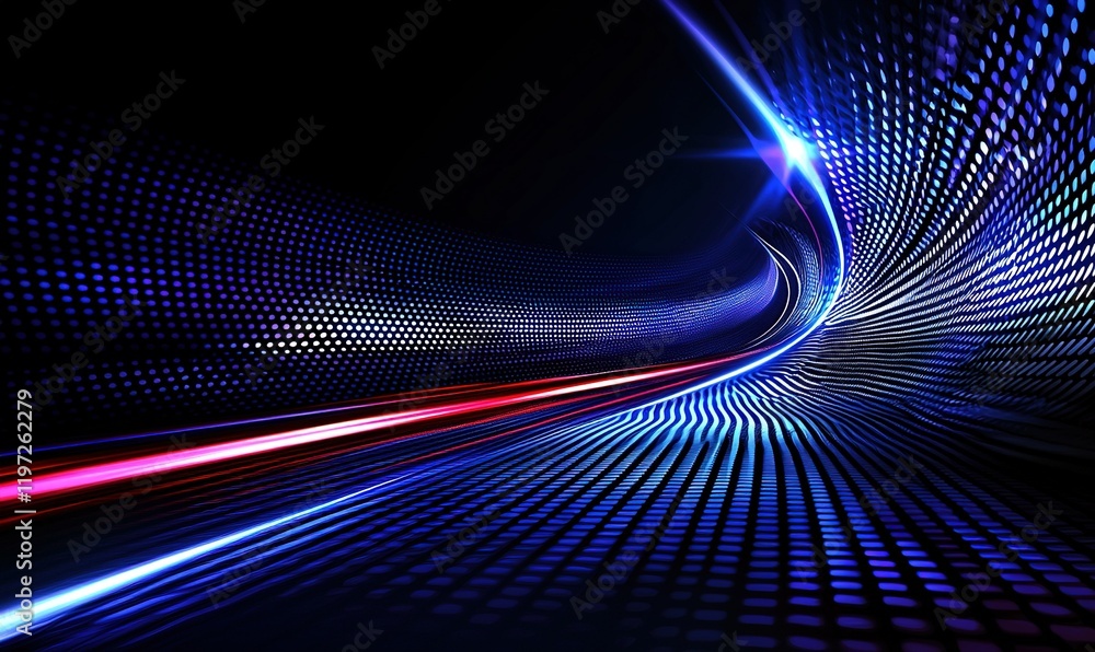 Poster light streaks speed through digital tunnel, data flow concept
