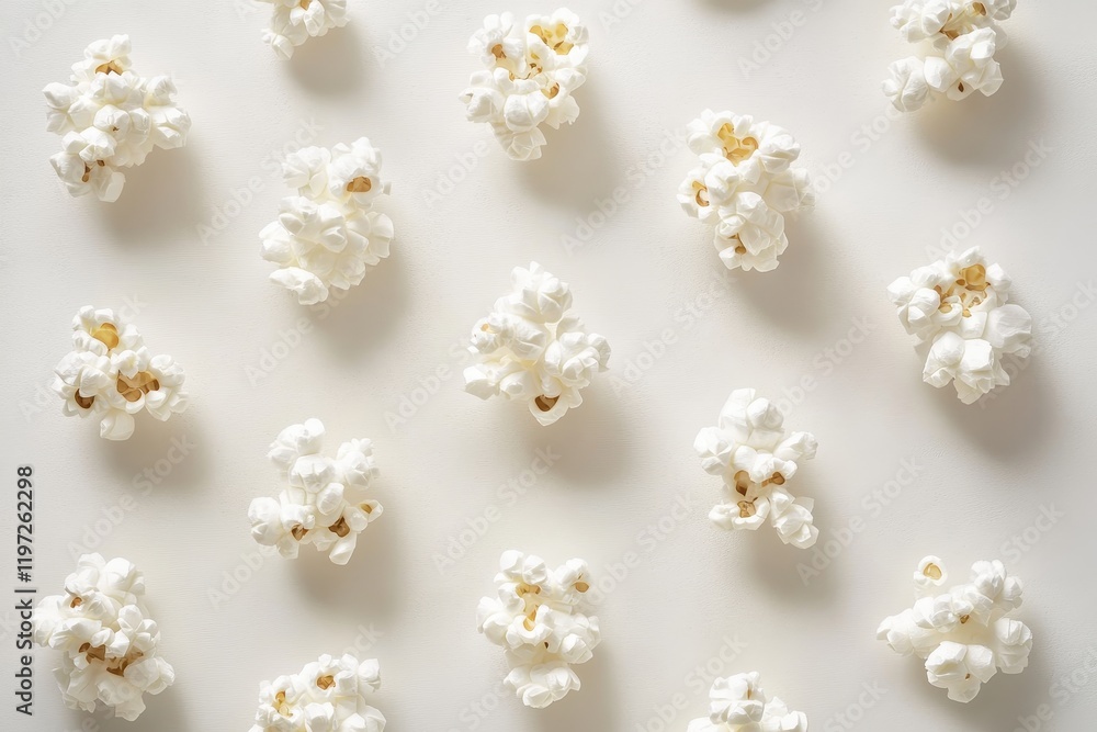 Poster a flat lay of popcorn arranged in an artistic pattern on a light surface, showcasing the snack's tex