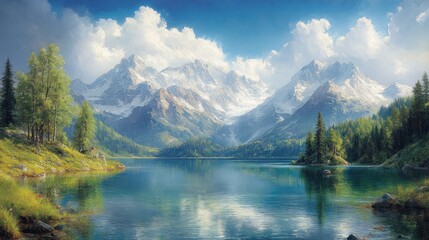 Fototapeta premium Serene mountain lake reflecting snow-capped peaks under a vibrant sky.