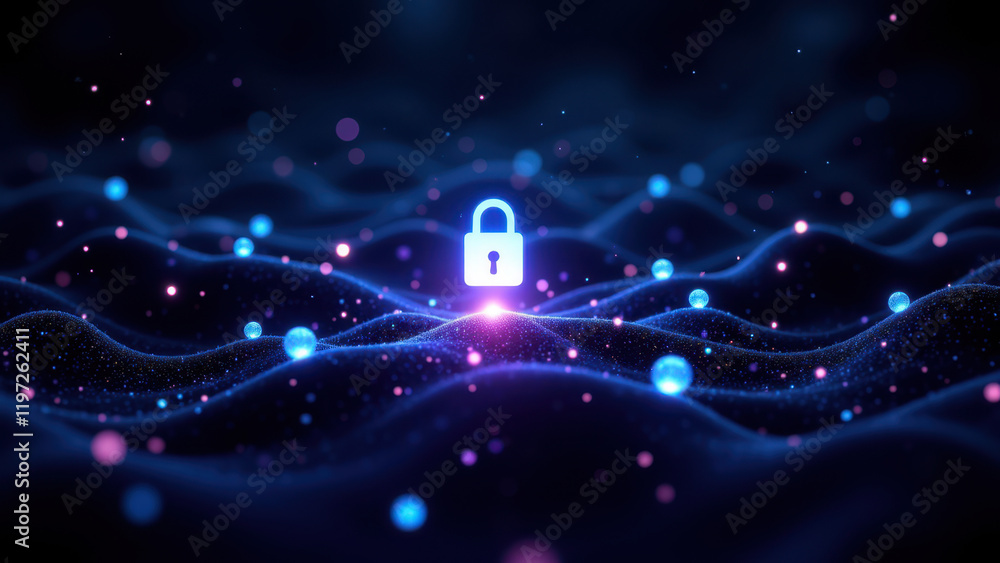 Poster internet security and cybersecurity concept with a glowing lock symbol on blue waves.