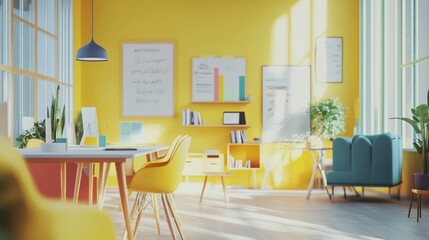 Creative workspace with sunlit yellow walls and modern office design – perfect for teamwork and inspiration