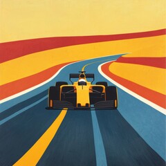 Vibrant Abstract Racing Car on Winding Road in Sunset Background
