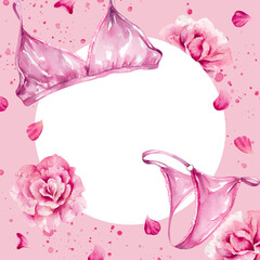 Pastel pink lingerie with flowers and rose petals watercolor card template