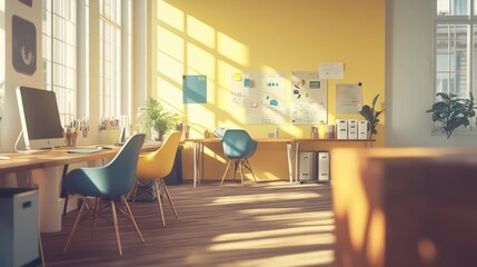 Fototapeta premium Creative workspace with sunlit yellow walls and modern office design – perfect for teamwork and inspiration
