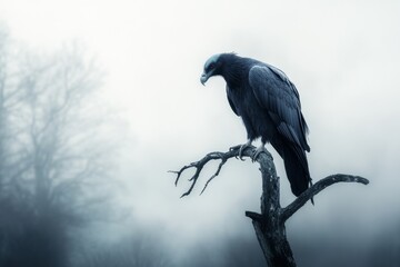 Fototapeta premium A gothic depiction of a vulture perched on a dead tree in a misty graveyard, with dark shadows and eerie lighting creating a haunting atmosphere