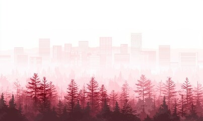 Fototapeta premium Pink cityscape silhouette above a coniferous forest, ideal for environmental themes
