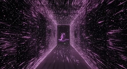 Fototapeta premium Purple light streaks converge on figure in corridor, digital art for backgrounds