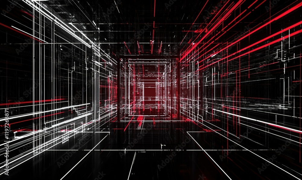 Poster red and white lines form abstract digital tunnel background for technology or sci-fi projects