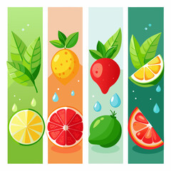 Four vertical banners showcase different fruit flavors: strawberry, mint, grapefruit, and lemon, with realistic fruit illustrations and water droplets 