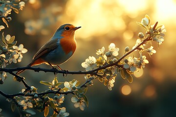A robin perched on a blossoming branch in the warm glow of sunset