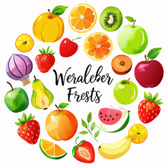 A collection of watercolor paintings of various fruits surrounds the text 