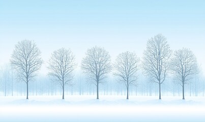 Snowy winter landscape with bare trees in a misty forest