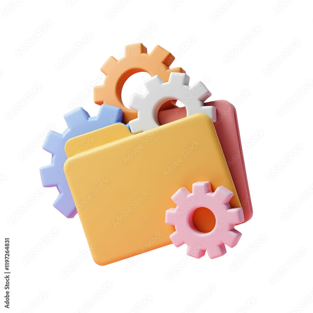 Poster 3d render of pastel-colored gears and a folder representing organization and workflow