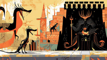 A cartoon of a man with a sword and a dragon with a crown on its head. generated by AI