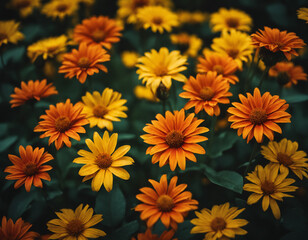 Fototapeta premium Field of Vibrant Orange and Yellow Daisies in Full Bloom, Dynamic Floral Composition Highlighting Bold Warm Colors, A Lush Garden Scene Celebrating Nature's Beauty and Radiance.