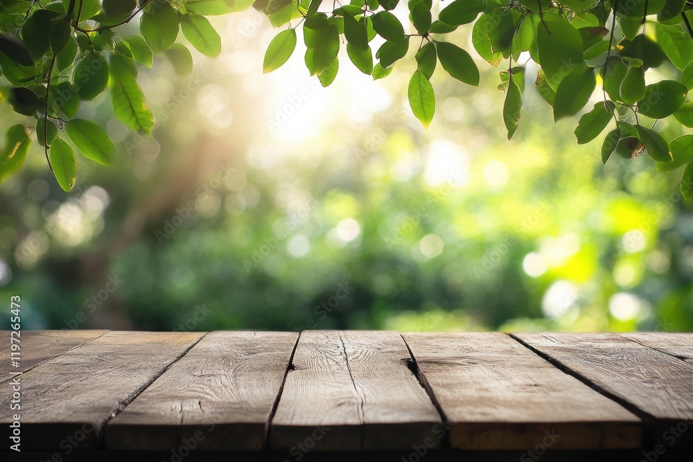 Poster Beautiful wooden table with plenty of copy space in a lush green forest setting during daylight. Generative AI