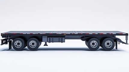 Empty flatbed semi-truck trailer on white background, industrial transport, 3D rendering, commercial use