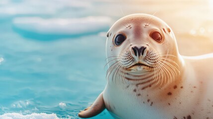 Naklejka premium Curious seal swimming in arctic waters wildlife encounter animal ecosystem nature photography close-up perspective