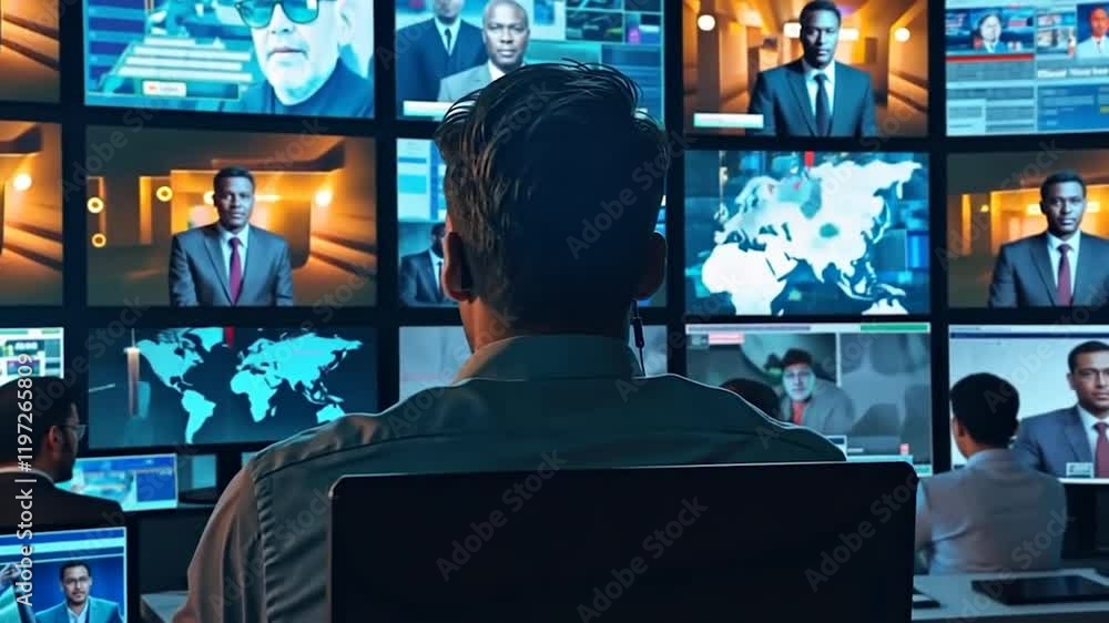 Poster person monitoring multiple screens in a control room setting.