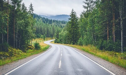 Fototapeta premium Winding road through misty forest landscape, ideal for travel or nature themes