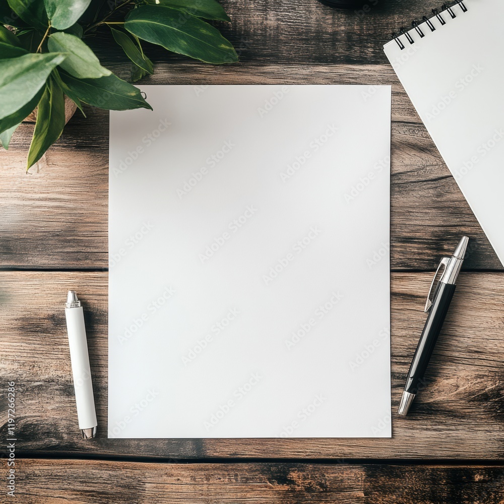 Fototapete workspace arranged with blank notebook and clean paper on wooden desk for writing and brainstorming 