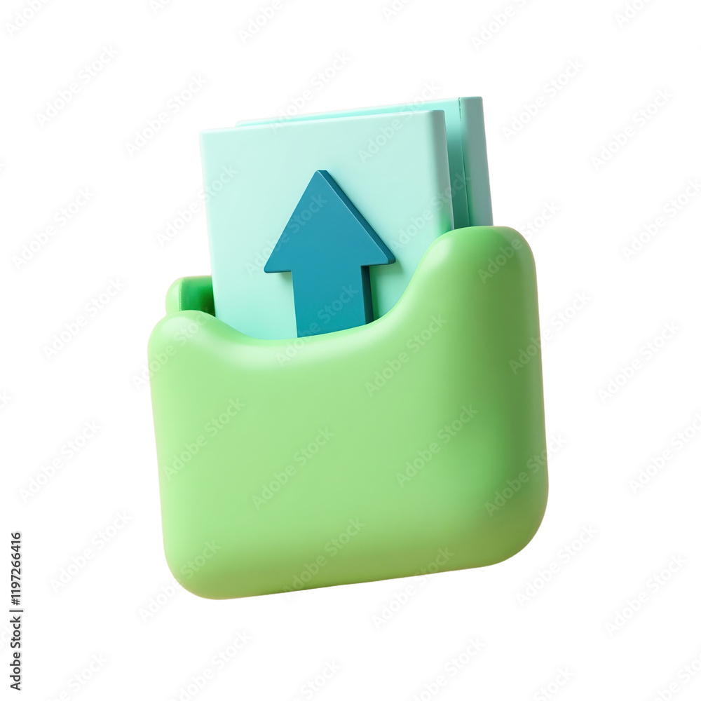 Poster 3d render of a light green folder with an upward teal arrow