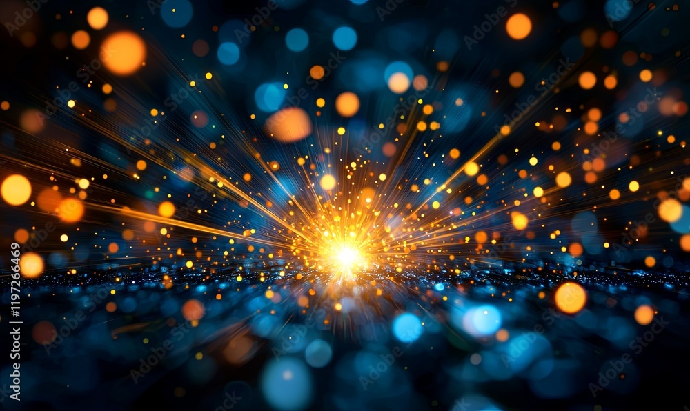 Poster abstract light explosion with bokeh on dark background, ideal for digital art or design projects