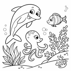 A group of friendly sea creatures, including a smiling octopus, a playful dolphin, and colorful fish, exploring a coral reef coloring page for children, outline, education, marine life with fishes