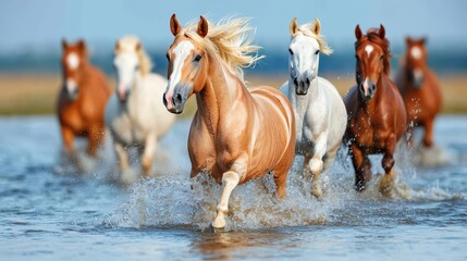 Obraz premium Running horses in water coastal ecosystem wildlife photography natural environment dynamic perspective