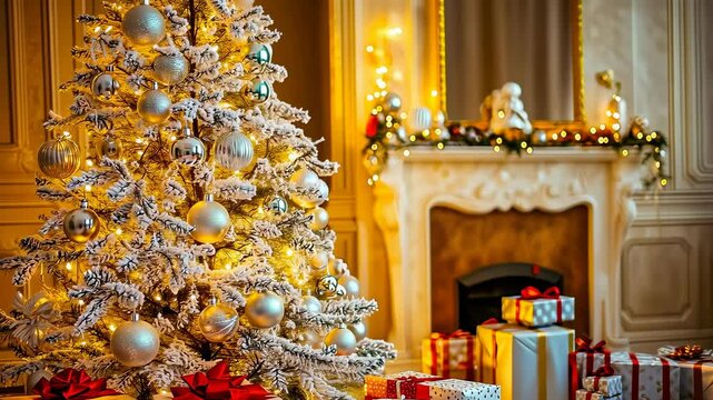 Decorated tree glowing elegant room.Glistening Christmas surrounded gifts.Festive decor enriches luxurious space.Holiday spirit alive opulent setting.Evening ambiance enhances winter