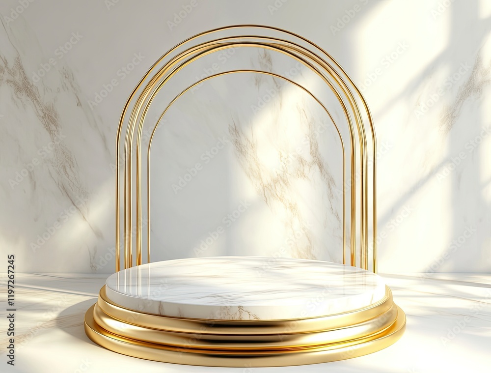 Poster 3d rendering of a podium scene with a white and gold background. a minimal mockup for a product disp