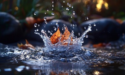 Fototapeta premium Autumn leaf splashing in water at sunset with blurred background, ideal for nature themes