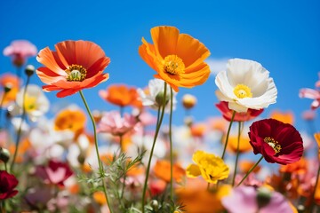 Obraz premium Vibrant Wildflowers in Bloom Against Blue Sky - Generative AI