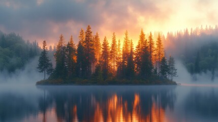 Fototapeta premium Sunrise over misty lake with silhouetted island of pine trees.