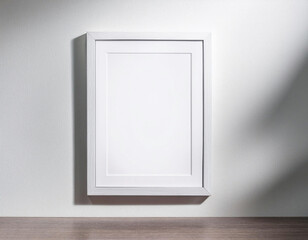 A simple blank white rectangular frame hangs on a plain white wall casting a soft shadow.