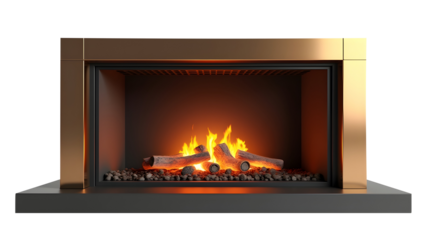 Embrace warmth and luxury with this modern, bronze-framed fireplace.  The mesmerizing flames dance invitingly, creating a cozy and sophisticated ambiance for your home., cut out,transparent background