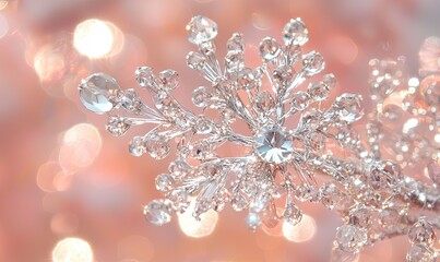 Crystal snowflake ornament sparkling on a warm, rosy bokeh background, perfect for holiday decor
