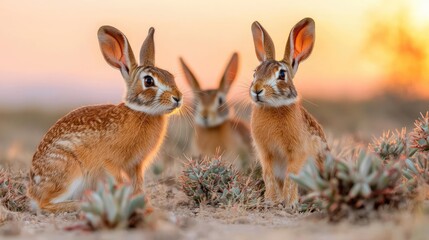 Fototapeta premium Desert rabbits at sunset, cacti background; wildlife photography for nature publications