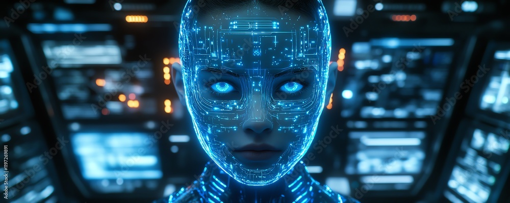 Poster advanced artificial intelligence holographic head with glowing blue lines and digital circuits