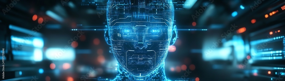 Poster advanced artificial intelligence holographic head with glowing blue lines and digital circuits