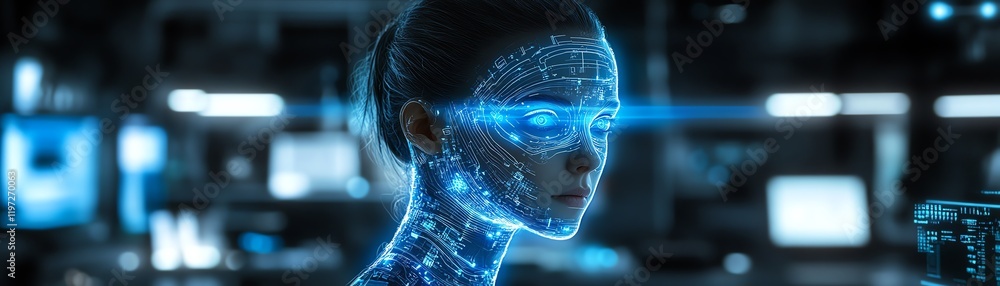 Poster advanced artificial intelligence holographic head with glowing blue lines and digital circuits