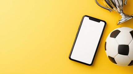 Mobile Phone, Soccer Ball, and Trophy on Bright Yellow Background