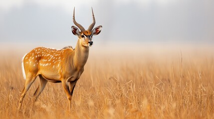 Fototapeta premium Majestic wildlife stag in golden grasslands nature ecosystem animal behavior remote landscape viewpoint